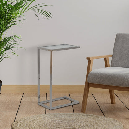 Silver Side Table with Glass Top and Stainless Steel Metal Base